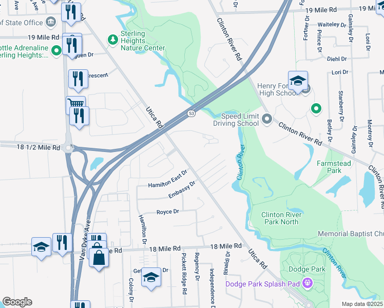 map of restaurants, bars, coffee shops, grocery stores, and more near 41742 Utica Road in Sterling Heights