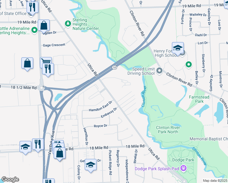 map of restaurants, bars, coffee shops, grocery stores, and more near 41742 Utica Road in Sterling Heights