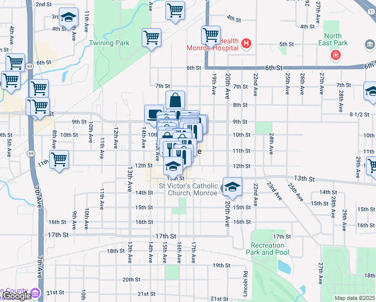 map of restaurants, bars, coffee shops, grocery stores, and more near in Monroe