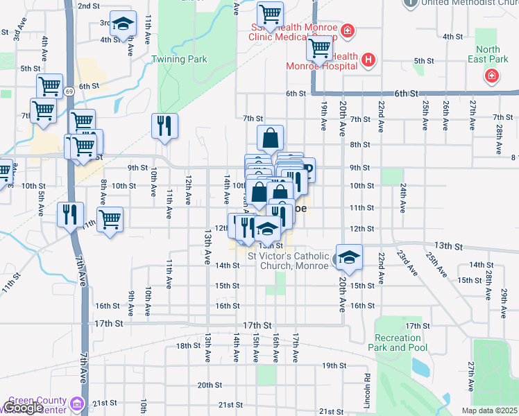 map of restaurants, bars, coffee shops, grocery stores, and more near 1514 11th Street in Monroe