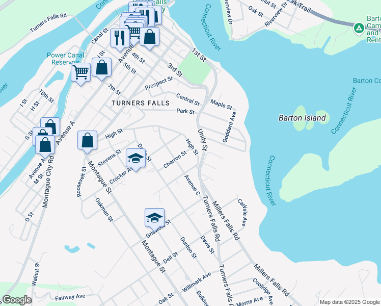 map of restaurants, bars, coffee shops, grocery stores, and more near 92 High Street in Montague