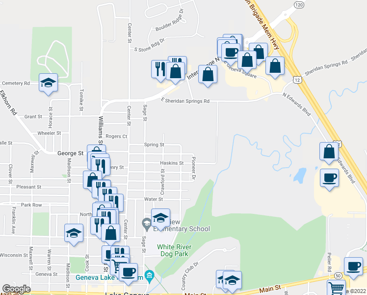 map of restaurants, bars, coffee shops, grocery stores, and more near 943 Waverly Street in Lake Geneva