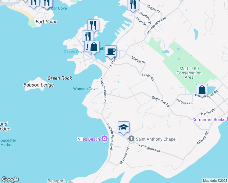 map of restaurants, bars, coffee shops, grocery stores, and more near 28 Eastern Point Road in Gloucester