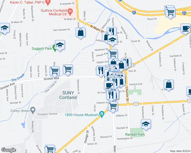 map of restaurants, bars, coffee shops, grocery stores, and more near 38-40-42 Groton Avenue in Cortland