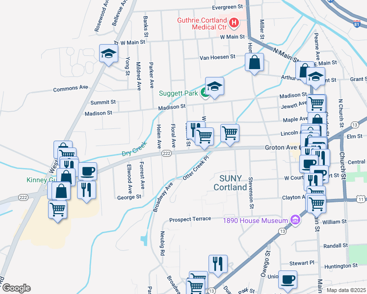 map of restaurants, bars, coffee shops, grocery stores, and more near 4 Floral Avenue in Cortland