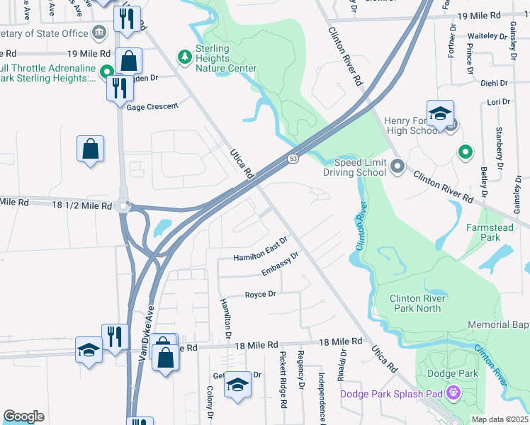 map of restaurants, bars, coffee shops, grocery stores, and more near 41880 Utica Road in Sterling Heights