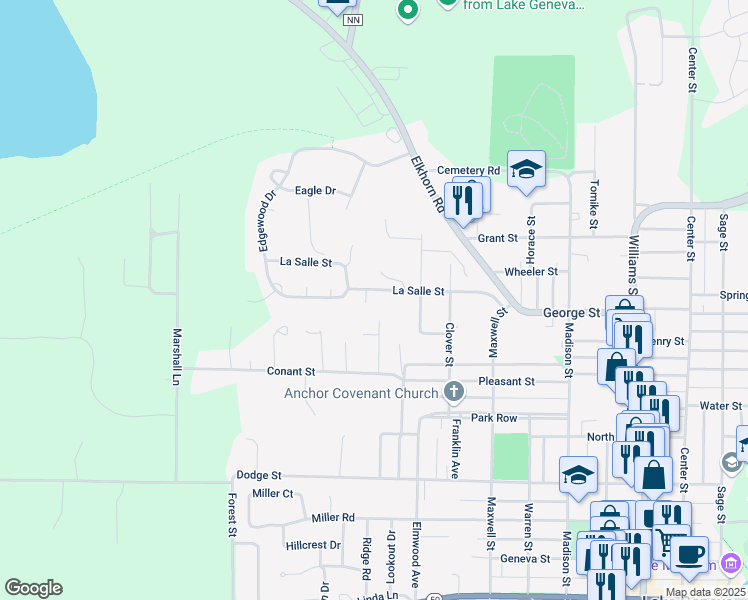 map of restaurants, bars, coffee shops, grocery stores, and more near 948 Woodridge Court in Lake Geneva