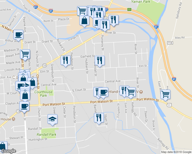 map of restaurants, bars, coffee shops, grocery stores, and more near 49 Crandall Street in Cortland