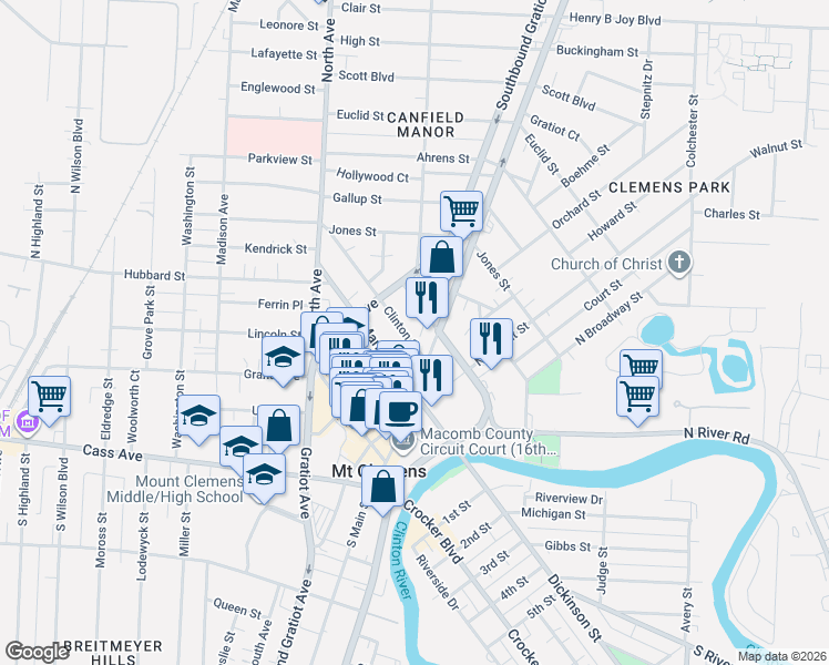 map of restaurants, bars, coffee shops, grocery stores, and more near 9 Welts Street in Mount Clemens