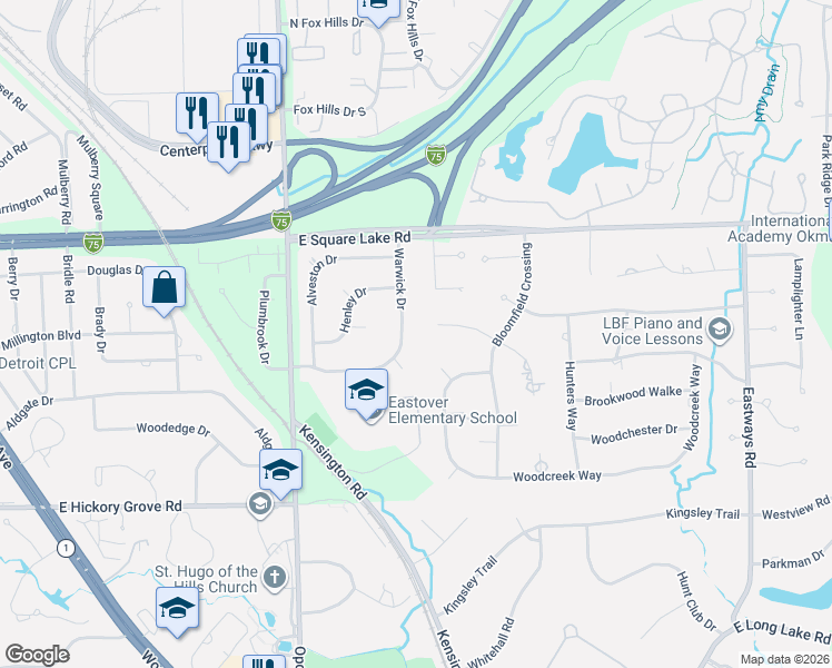map of restaurants, bars, coffee shops, grocery stores, and more near 2579 Hunters Bluff in Bloomfield Hills