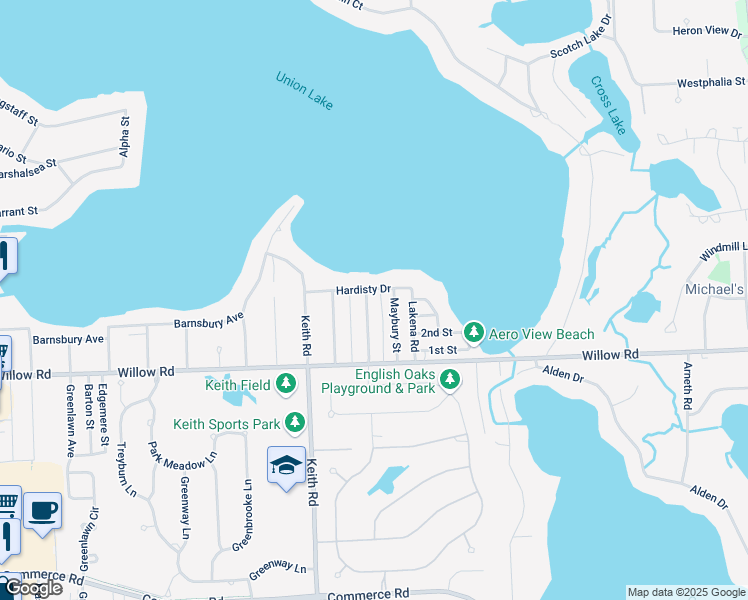 map of restaurants, bars, coffee shops, grocery stores, and more near 7401 Hardisty Drive in West Bloomfield Township