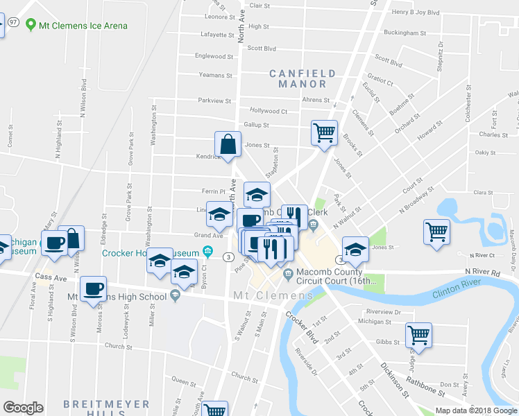 map of restaurants, bars, coffee shops, grocery stores, and more near 119 Market Street in Mount Clemens