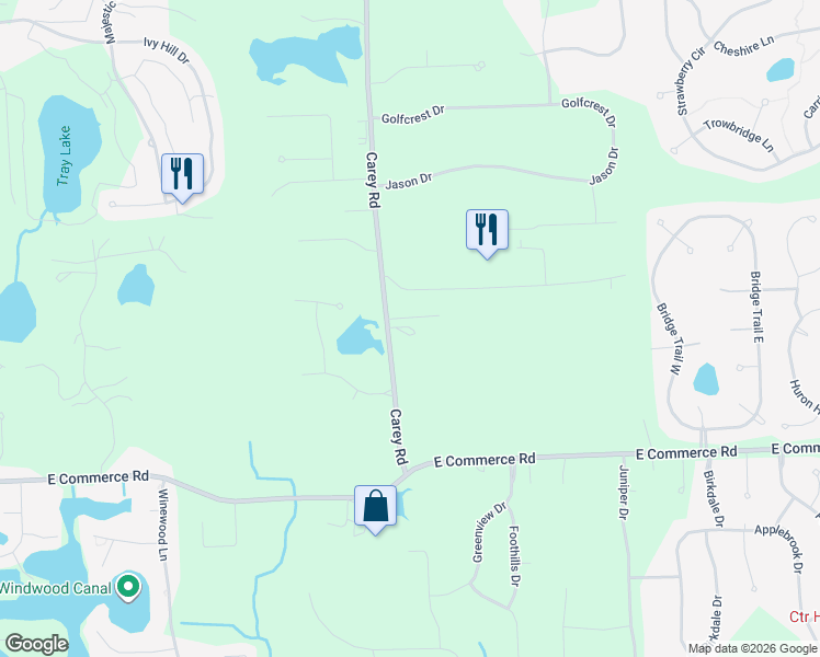 map of restaurants, bars, coffee shops, grocery stores, and more near 5470 Carey Road in Commerce Charter Township