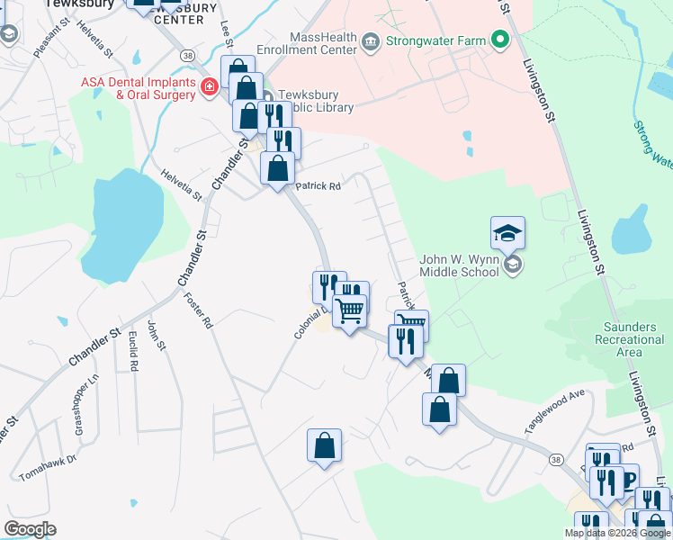 map of restaurants, bars, coffee shops, grocery stores, and more near 1418 Main Street in Tewksbury