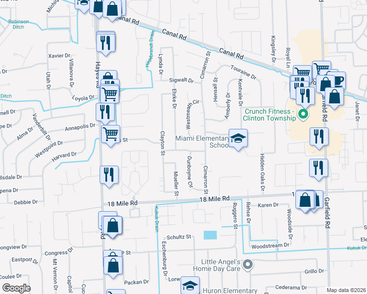 map of restaurants, bars, coffee shops, grocery stores, and more near 15807 Powell Drive in Clinton Township