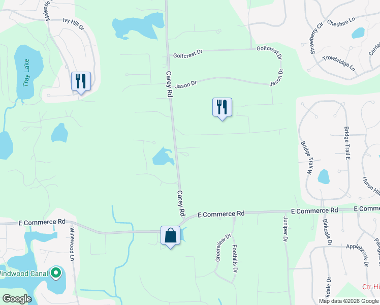 map of restaurants, bars, coffee shops, grocery stores, and more near 5470 Carey Road in Commerce Charter Township