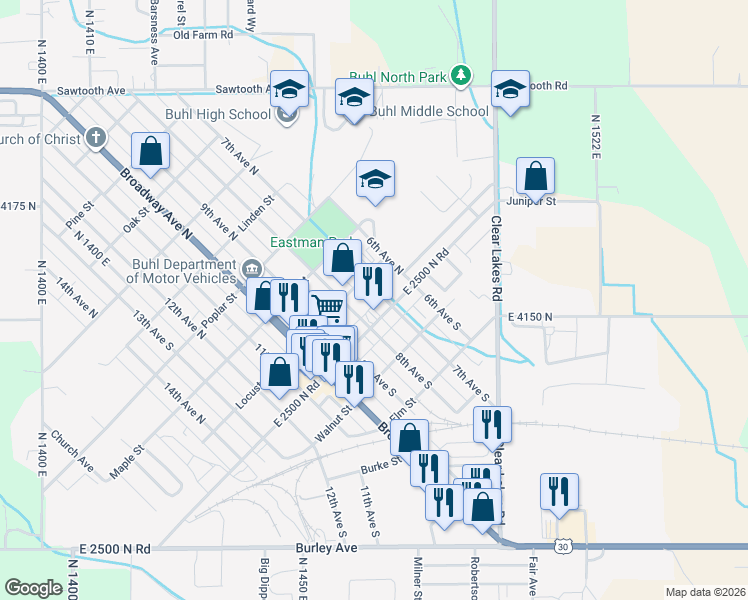 map of restaurants, bars, coffee shops, grocery stores, and more near 113 7th Avenue North in Buhl