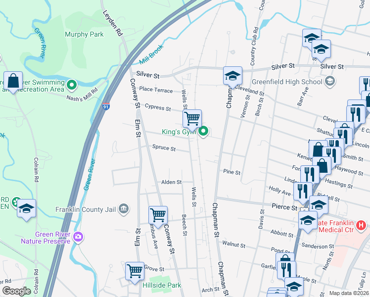 map of restaurants, bars, coffee shops, grocery stores, and more near 37 Spruce Street in Greenfield