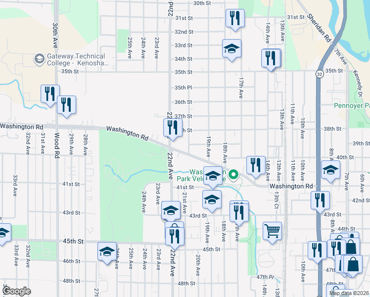 map of restaurants, bars, coffee shops, grocery stores, and more near 3903 21st Avenue in Kenosha