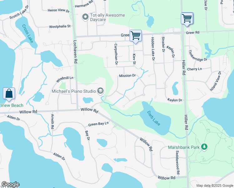 map of restaurants, bars, coffee shops, grocery stores, and more near 6329 Mission Drive in West Bloomfield Township
