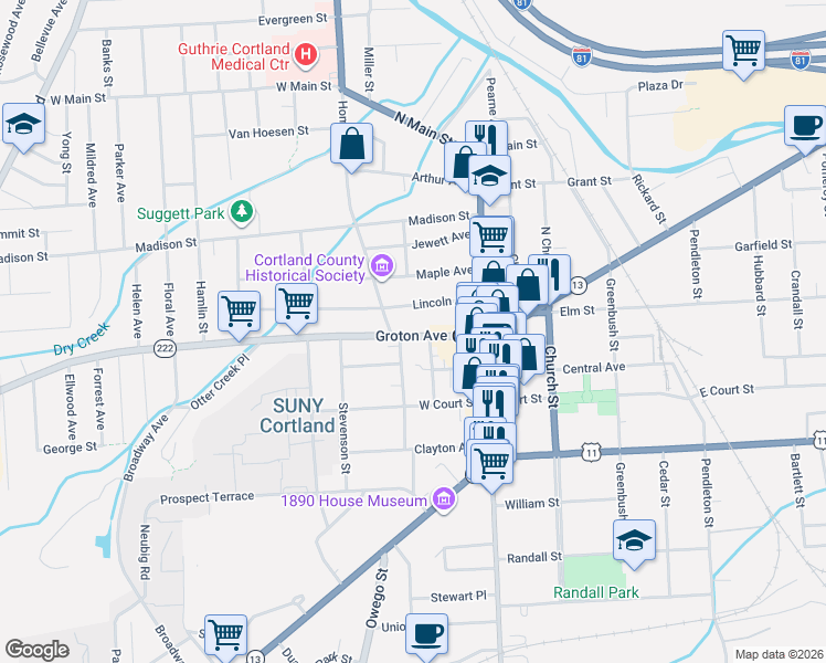 map of restaurants, bars, coffee shops, grocery stores, and more near 38-40-42 Groton Avenue in Cortland