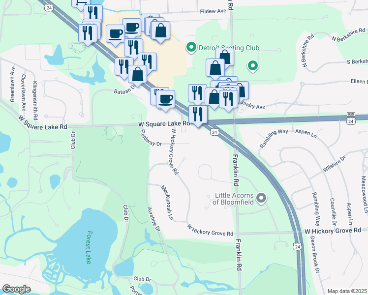 map of restaurants, bars, coffee shops, grocery stores, and more near 1295 Fieldway Court in Bloomfield Hills
