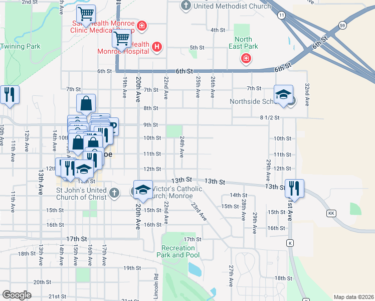 map of restaurants, bars, coffee shops, grocery stores, and more near 1016 24th Avenue in Monroe