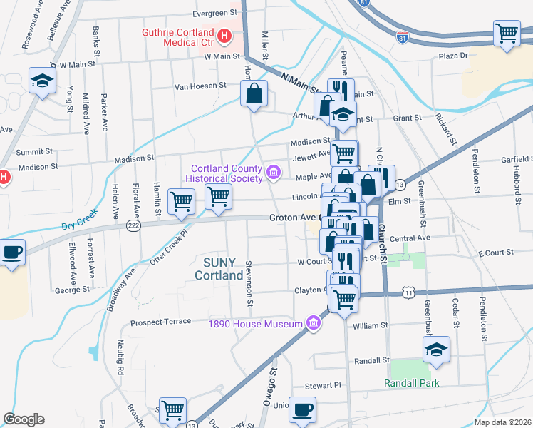 map of restaurants, bars, coffee shops, grocery stores, and more near 54 Groton Avenue in Cortland