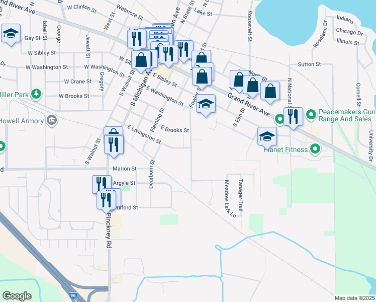 map of restaurants, bars, coffee shops, grocery stores, and more near 457 East Livingston Street in Howell