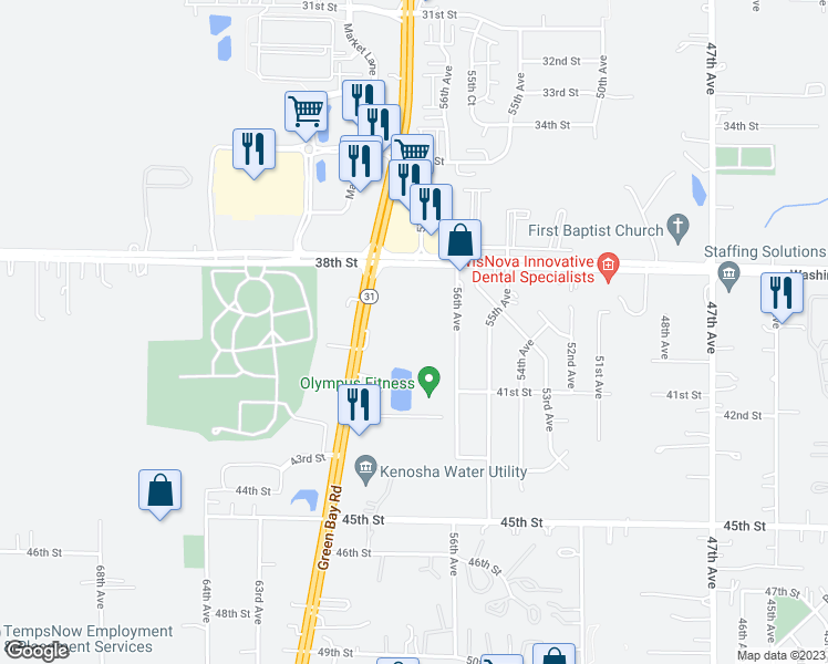 map of restaurants, bars, coffee shops, grocery stores, and more near 4209 Green Bay Road in Kenosha