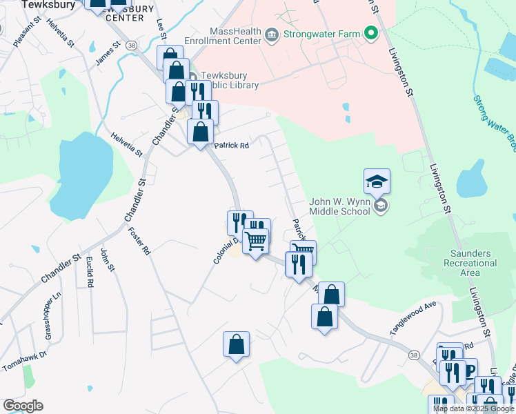 map of restaurants, bars, coffee shops, grocery stores, and more near 1418 Main Street in Tewksbury