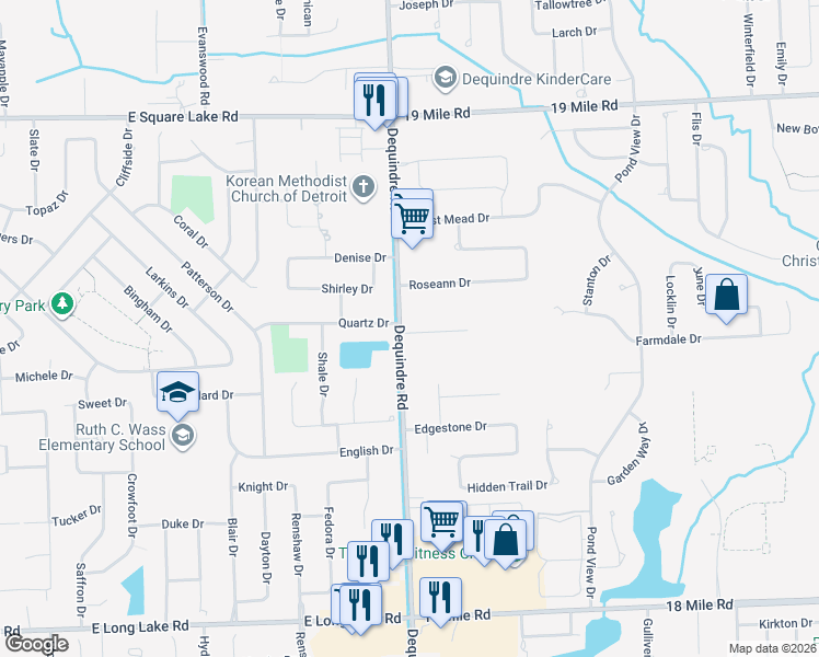 map of restaurants, bars, coffee shops, grocery stores, and more near 42114 Dequindre Road in Sterling Heights