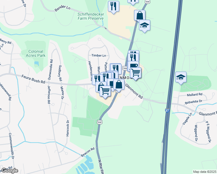 map of restaurants, bars, coffee shops, grocery stores, and more near 380 Feura Bush Road in Glenmont