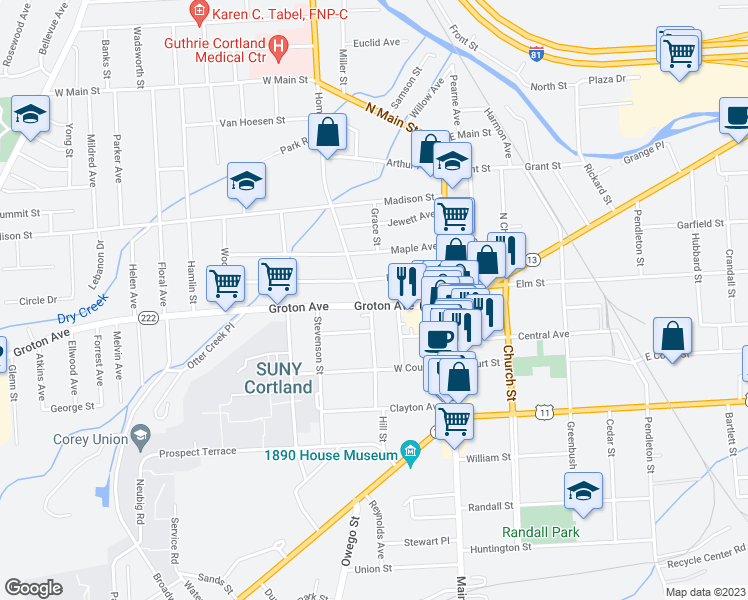 map of restaurants, bars, coffee shops, grocery stores, and more near 42 Groton Avenue in Cortland