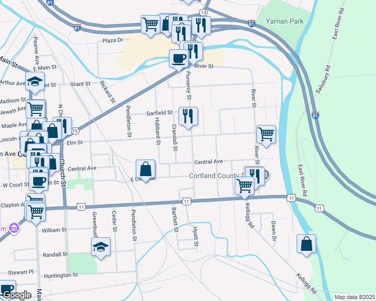map of restaurants, bars, coffee shops, grocery stores, and more near 52 Pomeroy St in Cortland