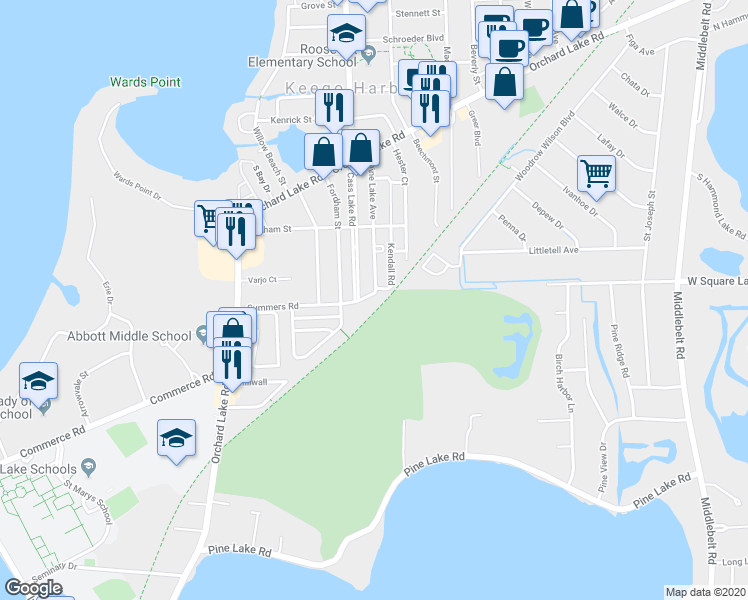 map of restaurants, bars, coffee shops, grocery stores, and more near 2975 Elam Court in Keego Harbor