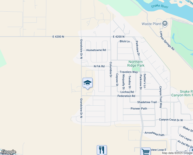 map of restaurants, bars, coffee shops, grocery stores, and more near 2143 Caribel Street in Twin Falls