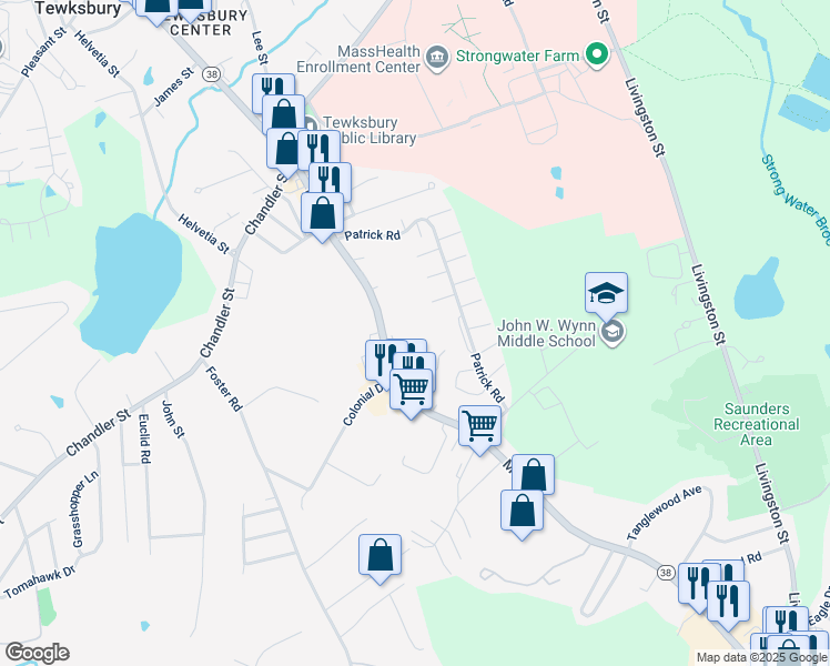map of restaurants, bars, coffee shops, grocery stores, and more near 1418 Main Street in Tewksbury