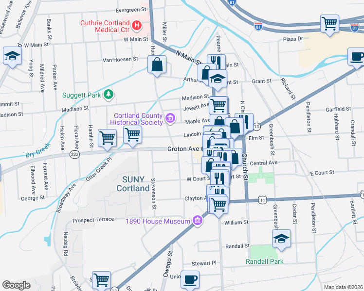 map of restaurants, bars, coffee shops, grocery stores, and more near 38-40-42 Groton Avenue in Cortland