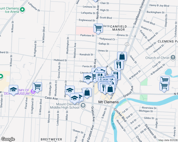 map of restaurants, bars, coffee shops, grocery stores, and more near 20 Lincoln Street in Mount Clemens