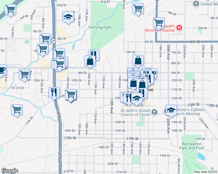 map of restaurants, bars, coffee shops, grocery stores, and more near 1016 12th Avenue in Monroe