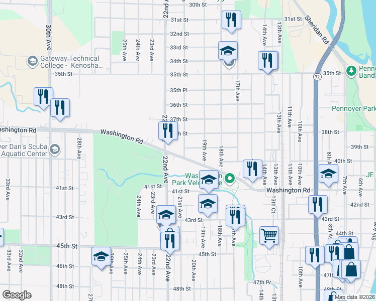 map of restaurants, bars, coffee shops, grocery stores, and more near 3903 21st Avenue in Kenosha