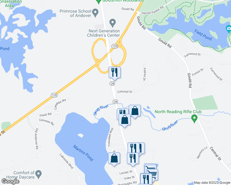map of restaurants, bars, coffee shops, grocery stores, and more near 7 Colonial Drive in Andover