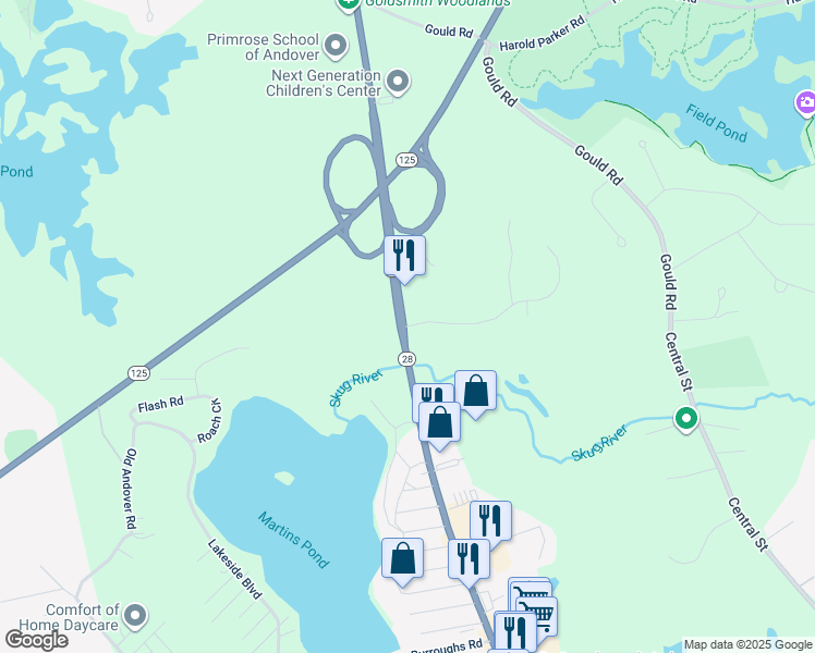 map of restaurants, bars, coffee shops, grocery stores, and more near 9 Colonial Drive in Andover