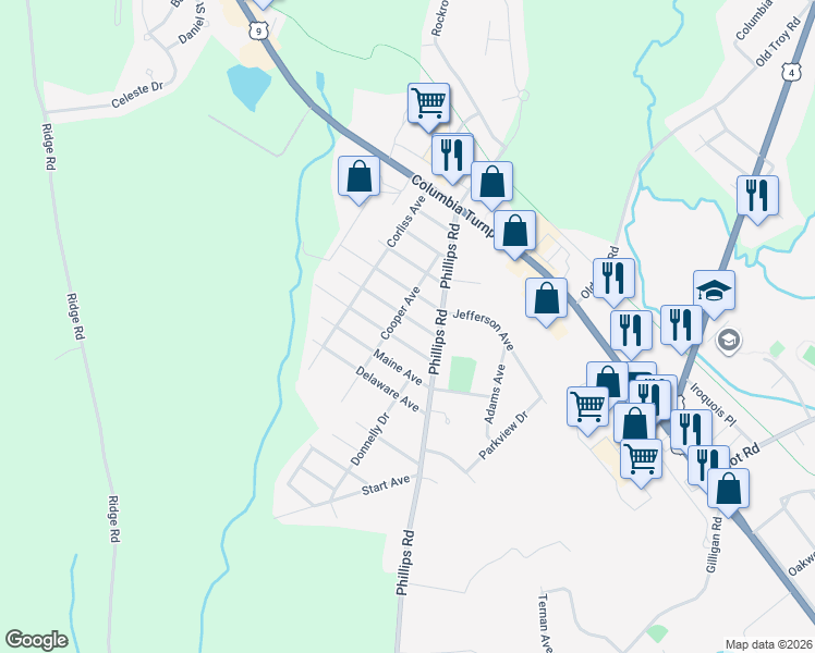 map of restaurants, bars, coffee shops, grocery stores, and more near 18 Oregon Avenue in Rensselaer