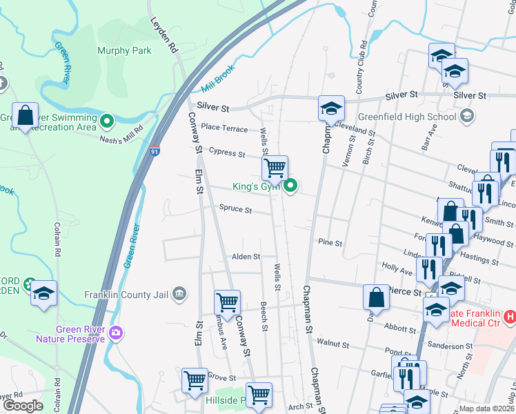 map of restaurants, bars, coffee shops, grocery stores, and more near 37 Spruce St in Greenfield