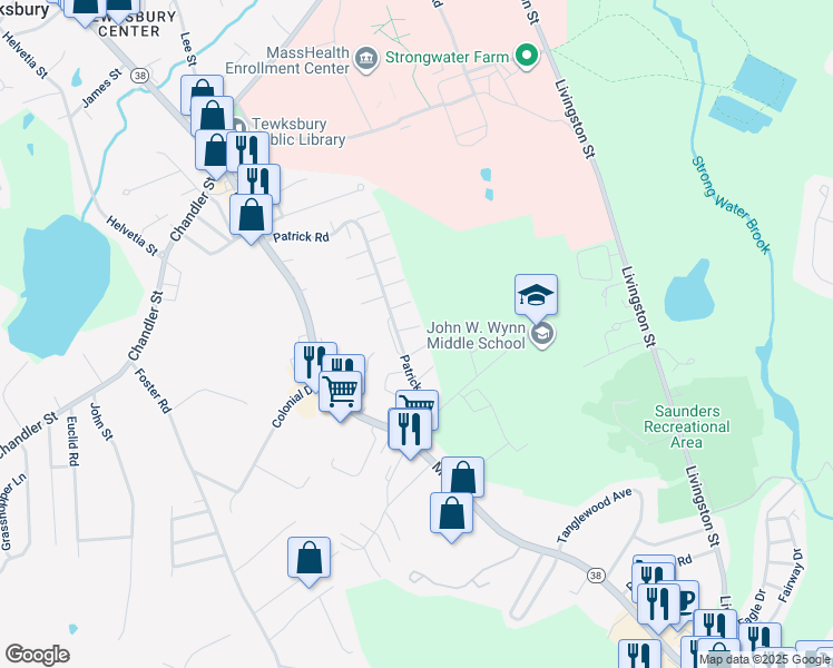 map of restaurants, bars, coffee shops, grocery stores, and more near 158 Patrick Road in Tewksbury