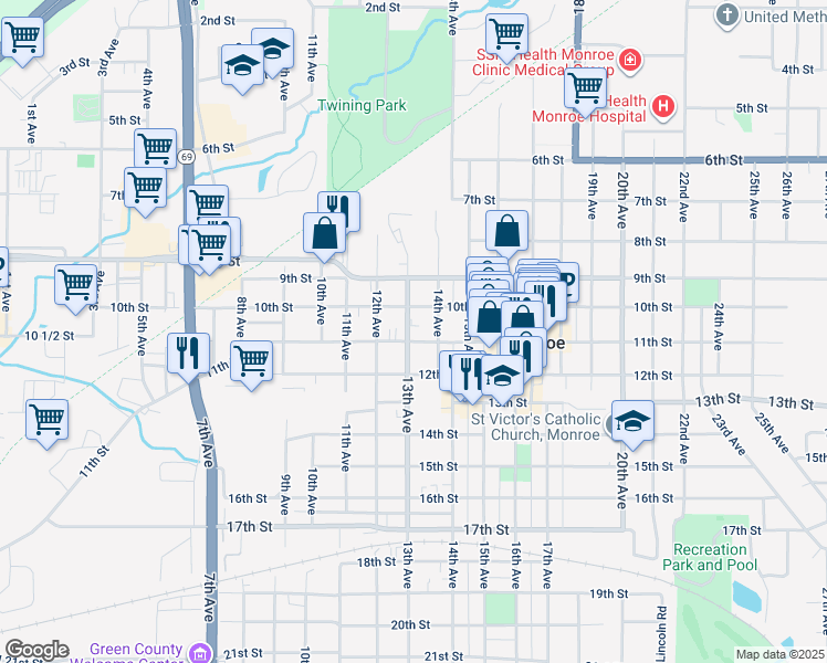 map of restaurants, bars, coffee shops, grocery stores, and more near 1303 11th Street in Monroe