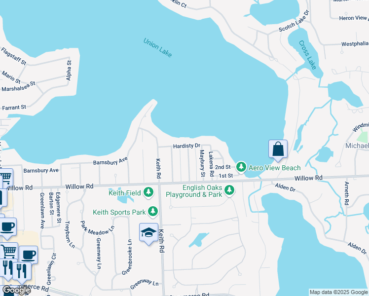 map of restaurants, bars, coffee shops, grocery stores, and more near 7401 Hardisty Drive in West Bloomfield Township
