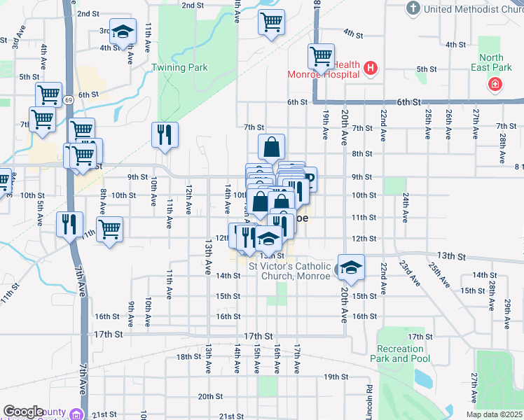 map of restaurants, bars, coffee shops, grocery stores, and more near 1021 16th Avenue in Monroe